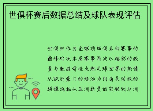 世俱杯赛后数据总结及球队表现评估