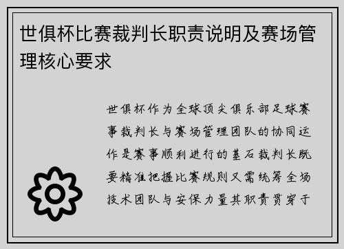 世俱杯比赛裁判长职责说明及赛场管理核心要求